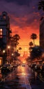 Enigmatic Tropics: City Street At Sunset Wallpaper In Becky Cloonan Style