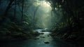 Enigmatic Tropics: A Hyper-detailed Artistic Rendering Of A Brightly Lit River In A Congo Jungle