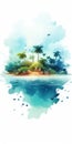Enigmatic Tropics: A Vibrant Watercolor Illustration Of An Island In Water