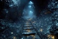 Enigmatic underground pathway illuminated by shimmering light leading deeper into the earth at twilight. Generative AI Royalty Free Stock Photo
