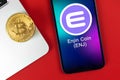 Enjin ENJ coin symbol. Trade with cryptocurrency, digital and virtual money, banking with mobile phone concept. Business