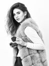 Enjoy aroma and taste hot coffee. Woman fur coat drink coffee. Elite coffee concept. Elite coffee variety concept. Lady Royalty Free Stock Photo
