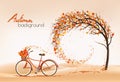 Enjoy Autumn background. Tree with colorful leaves and bike with basket with leaves.