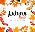 Enjoy Autumn Sale background with autumn leaves and products. Royalty Free Stock Photo