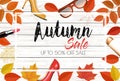 Enjoy Autumn Sale background with autumn leaves and products. Royalty Free Stock Photo