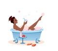Enjoy bath time concept flat vector illustration, cCartoon young african woman character enjoying soap bubbles at