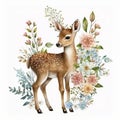 Cute Deer Spring Flowers Watercolor - Generative AI