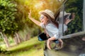 Enjoy Car travel of woman driving with sunglasses journey at nature forest Royalty Free Stock Photo