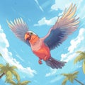 2d Cartoon Of Cute Finch Soaring In Clear Blue Sky