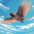 2d Cartoon Of Cute Sparrow Soaring In Clear Blue Sky