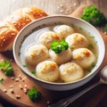 Comfort in a bowl: classic matzo ball kneidel soup with warm challah bread Royalty Free Stock Photo