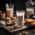 Creamy and nutty Soy Milk in a tall glass with sweet pastries on table