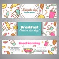 Enjoy the Day slogan. Good Morning text. Cafe, bakery concept business card. Coffeee and tea vector design Line icons