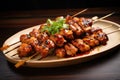 Enjoy a delectable plate of chicken skewers adorned with a vibrant garnish of fresh parsley, Grilled teriyaki chicken skewers, AI