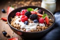 Enjoy a delicious and healthy combination of granola, yogurt, and berries in one satisfying bowl, Healthy breakfast bowl filled Royalty Free Stock Photo