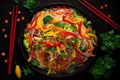 A colorful platter of vegetable stir-fry with noodles