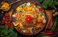 A colorful platter of vegetable stir-fry with noodles