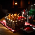 Crispy French Fries Served in Red Basket on Wooden Table Royalty Free Stock Photo