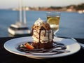 Enjoy a dessert of cake and drinks while looking at the sea view.