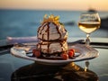 Enjoy a dessert of cake and drinks while looking at the sea view.