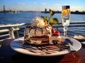 Enjoy a dessert of cake and drinks while looking at the sea view.