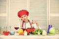 Enjoy easy ideas for dinner. Woman enjoy cooking food. Housekeeping and culinary. Housewife prepare meal with wine Royalty Free Stock Photo