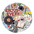 Enjoy every moment, doodle with lettering in black outline on white background