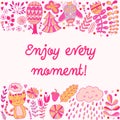 Enjoy every moment lettering illustration card, cute childish design: flower doodles, cat and owl in romantic style. Royalty Free Stock Photo