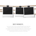 Enjoy every moment. Set of vector photo hanged on rope. Realistic retro style instant fotos with thread