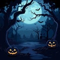 Halloween background with pumpkins, bats and trees, vector illustration.Generative AI