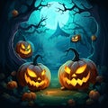 Halloween background with scary pumpkins and forest at night vector illustration.Generative AI