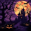 Halloween background with spooky trees and pumpkins. Vector illustration.Generative AI
