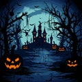 Halloween night background with castle and spooky trees. Vector illustration.Generative AI