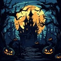 Halloween night background with castle and spooky trees. Vector illustration.Generative AI