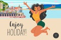 Enjoy holiday. Travel on vacation. Summer bright vector illustration, poster