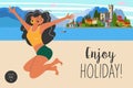 Enjoy holiday. Travel on vacation. Summer bright vector illustration, poster