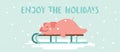 Enjoy the holidays. Cute lazy pig lying on a winter slide. Merry Christmas and happy new year vector design Royalty Free Stock Photo