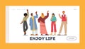 Enjoy Life Landing Page Template. Multinational People Waving Hands, Happy Male and Female Characters Positive Gestures