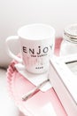 Enjoy Little Things Tea Mug and Set on Pink Tray