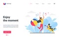 Enjoy moment concept landing page, girl jumping to music, playing with pet dog together