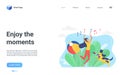 Enjoy moment landing page, happy girl jumping with funny pet friend, enjoying life