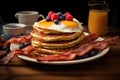 Enjoy a mouthwatering breakfast with a stack of pancakes topped with crispy bacon, fresh blueberries, and perfectly cooked eggs, A