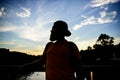 Enjoy pleasant moment. Guy in front of blue sky at evening time admire landscape. Take moment to admire sunset nature Royalty Free Stock Photo