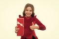 Enjoy receiving presents. Best toys and christmas gifts for kids. Kid little girl in dress curly hairstyle hold gift box