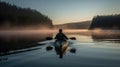 A person kayaking through calm glassy water in the early morning created with Generative AI