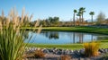 Enjoy the serenity of a pond with a scenic golf course backdrop, a harmonious blend of recreation and nature. Ai Generated