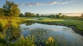 Enjoy the serenity of a pond with a scenic golf course backdrop, a harmonious blend of recreation and nature. Ai Generated