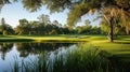 Enjoy the serenity of a pond with a scenic golf course backdrop, a harmonious blend of recreation and nature. Ai Generated