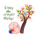 Enjoy the simple things text. A pink elephant sits under a fairytale tree with colorful leaves and holds a rainbow ball. Motivatio Royalty Free Stock Photo