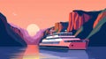 Beautiful Ferry Side View In Vector Art Line